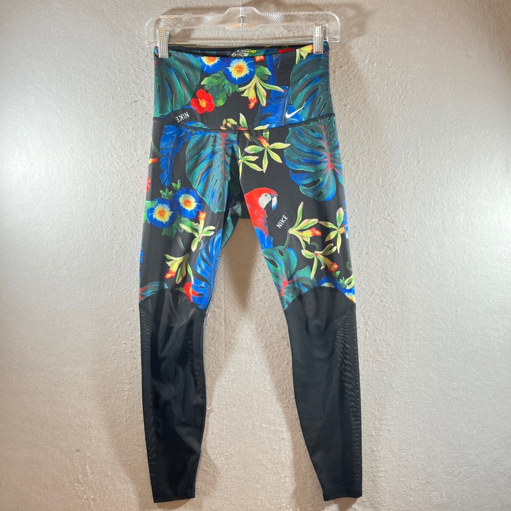 848 | Nike Dri-FIT Tropical Floral Parrot Mesh Panel Leggings Black Womens S
